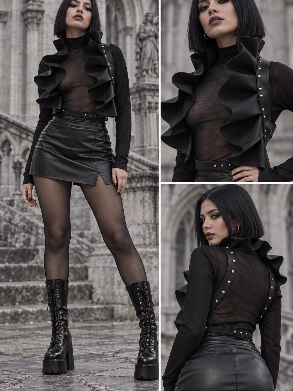 Women's Black Ruffle-Trim Sheer Top with Studded Harness